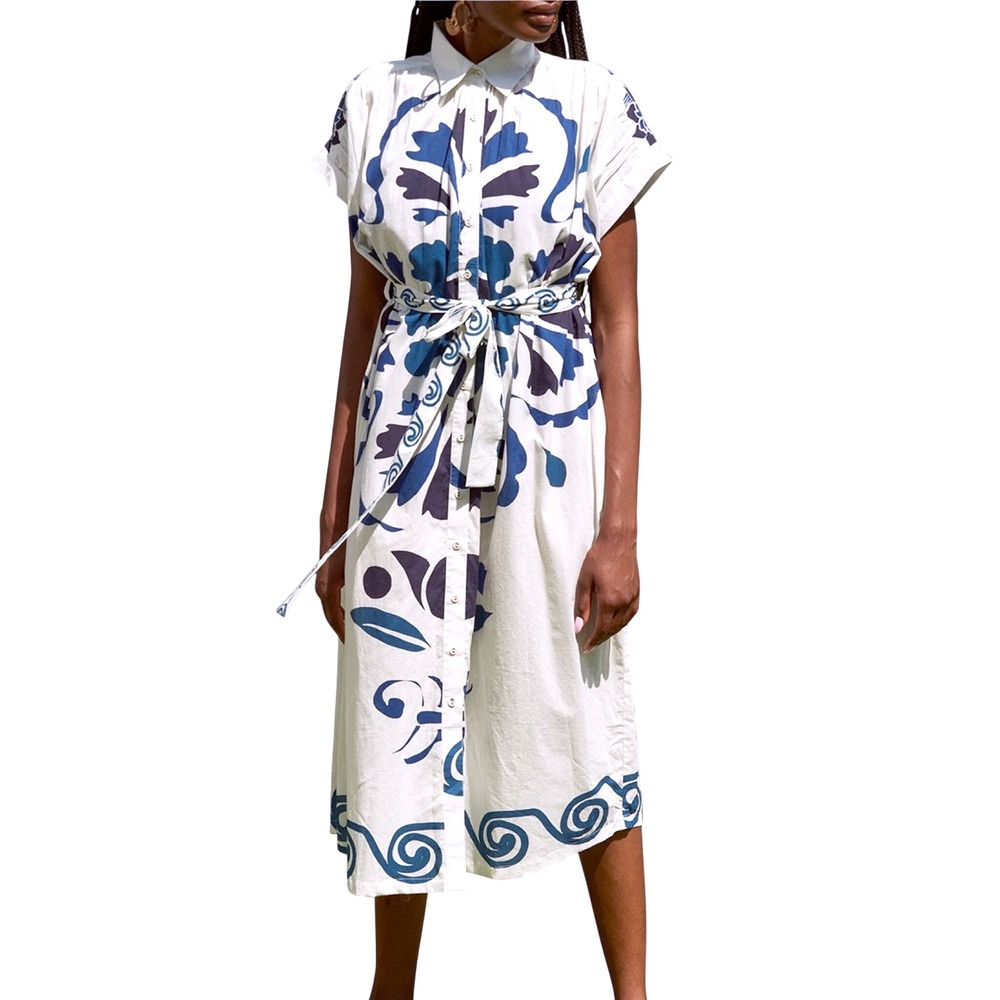 Carolina K Valerie Tie Waist Printed Shirt Dress M‎ White Kaftan Cotton Belted